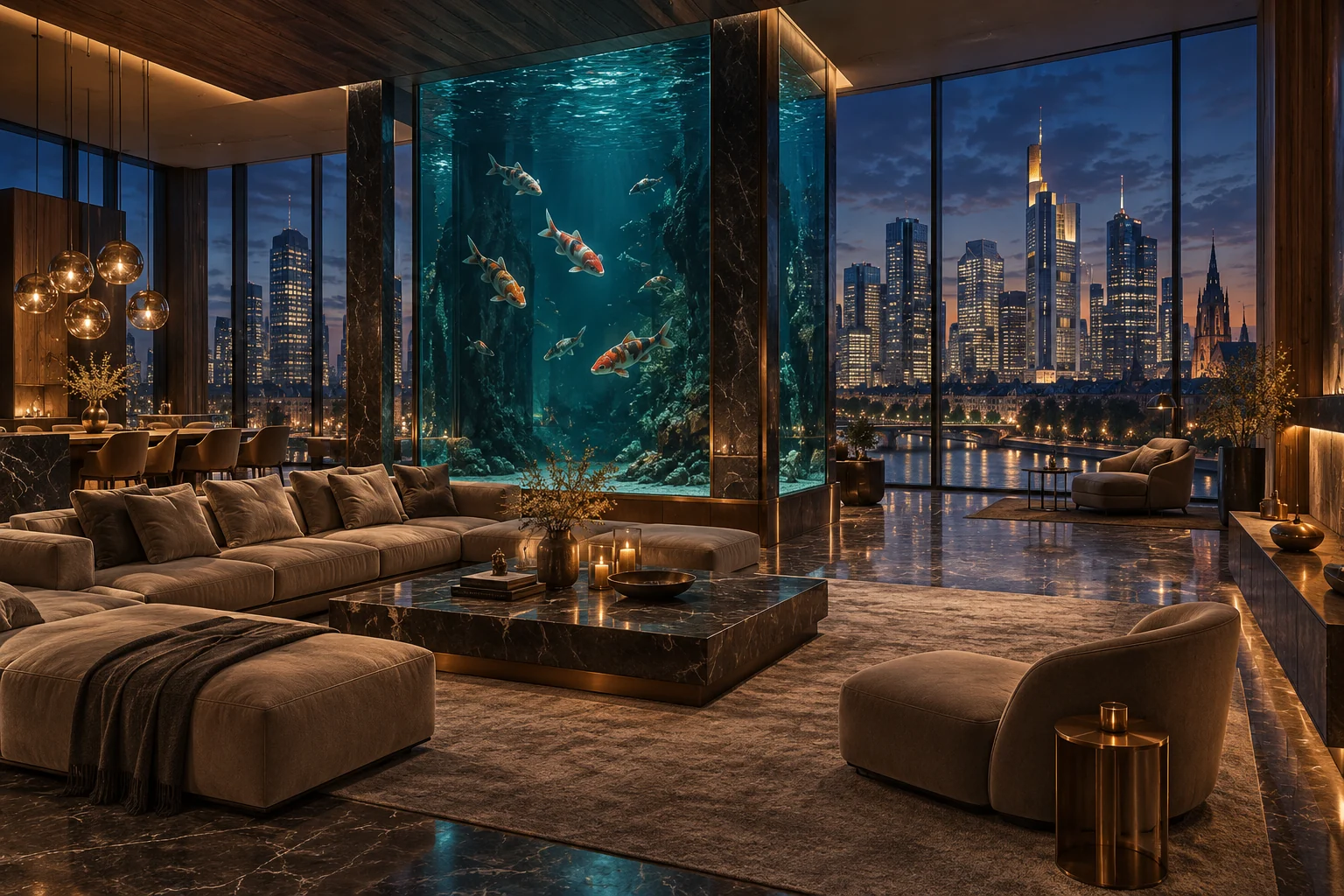 Ein edles Penthouse über Frankfurt mit großem Karpfen-Aquarium, dunklem Stein, warmem Holz und Blick auf die Skyline.