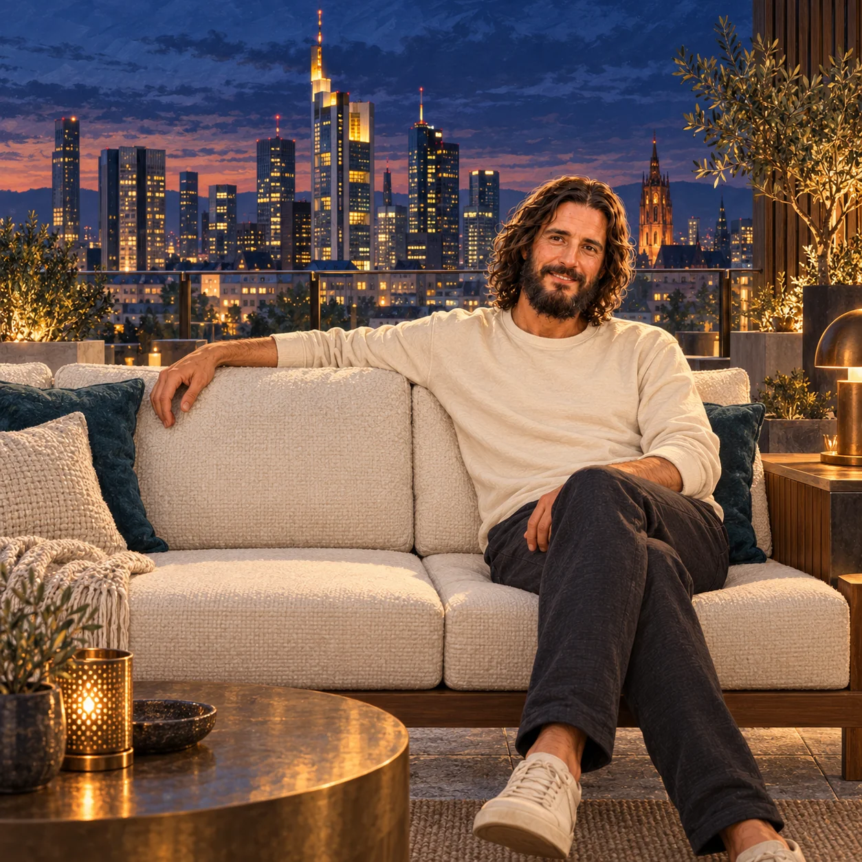 Jesus in Alltagskleidung auf der Dachterrasse. Neben ihm auf dem Sofa ist ein Platz frei.